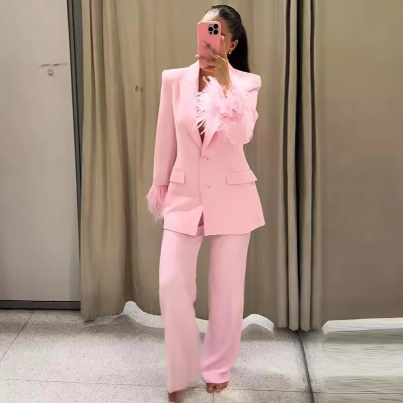 Pink Feather Pant SetS