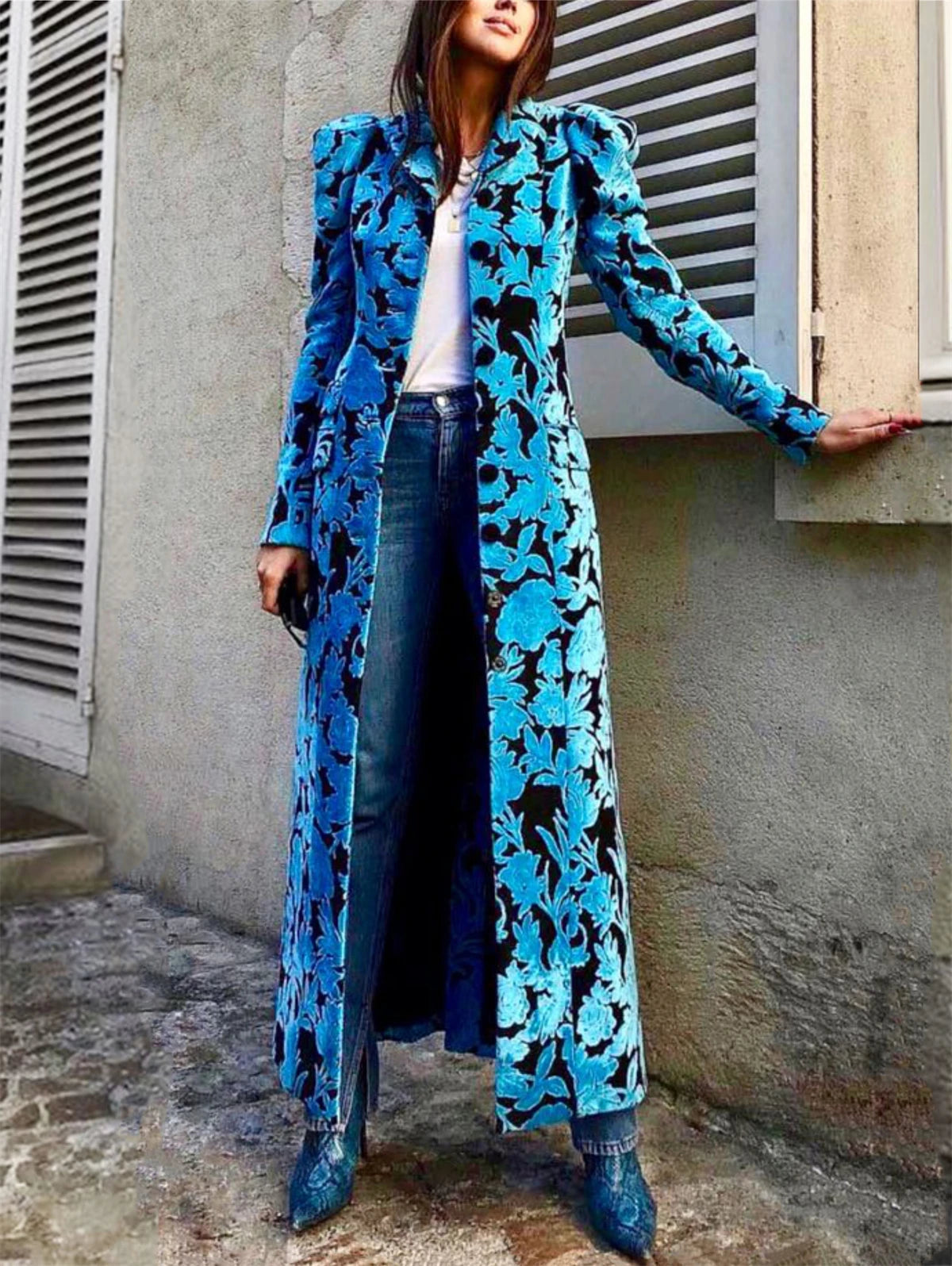 Long Velvet Trench Coat Floral