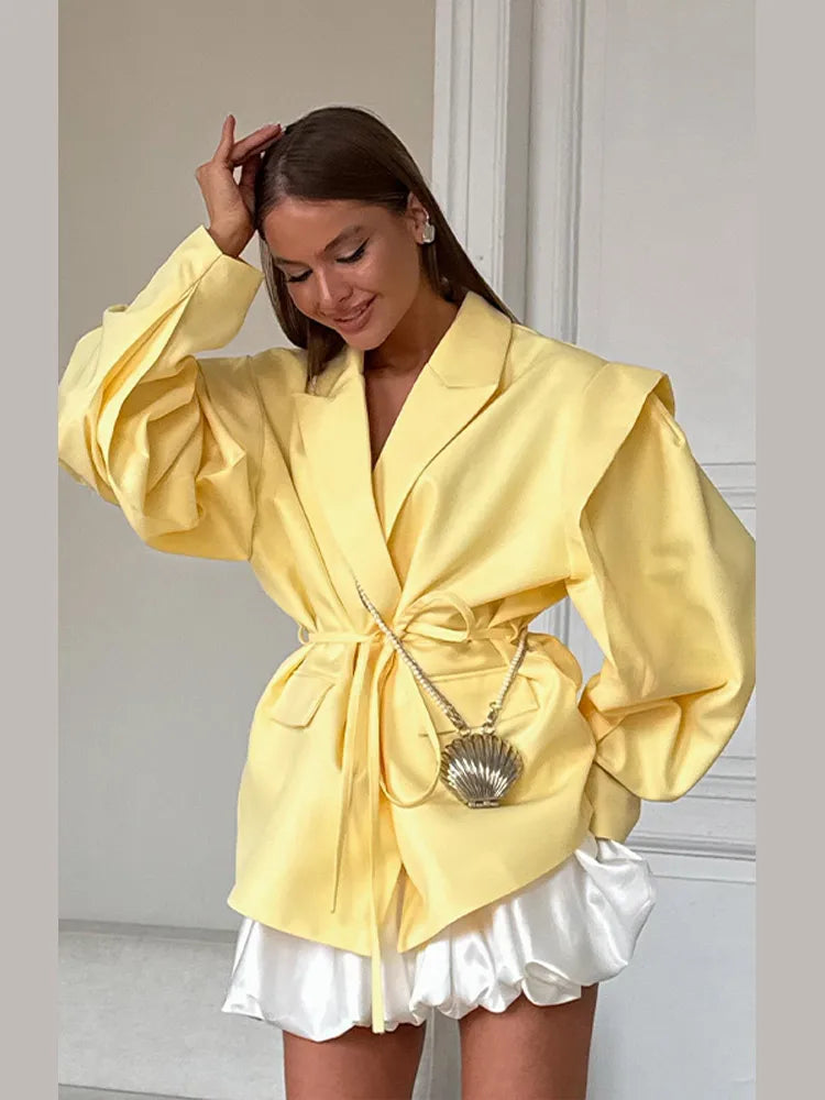 LACE UP SHOULDER PAD BLAZER COAT WOMEN ELEGANT TURN-DOWN COLLAR