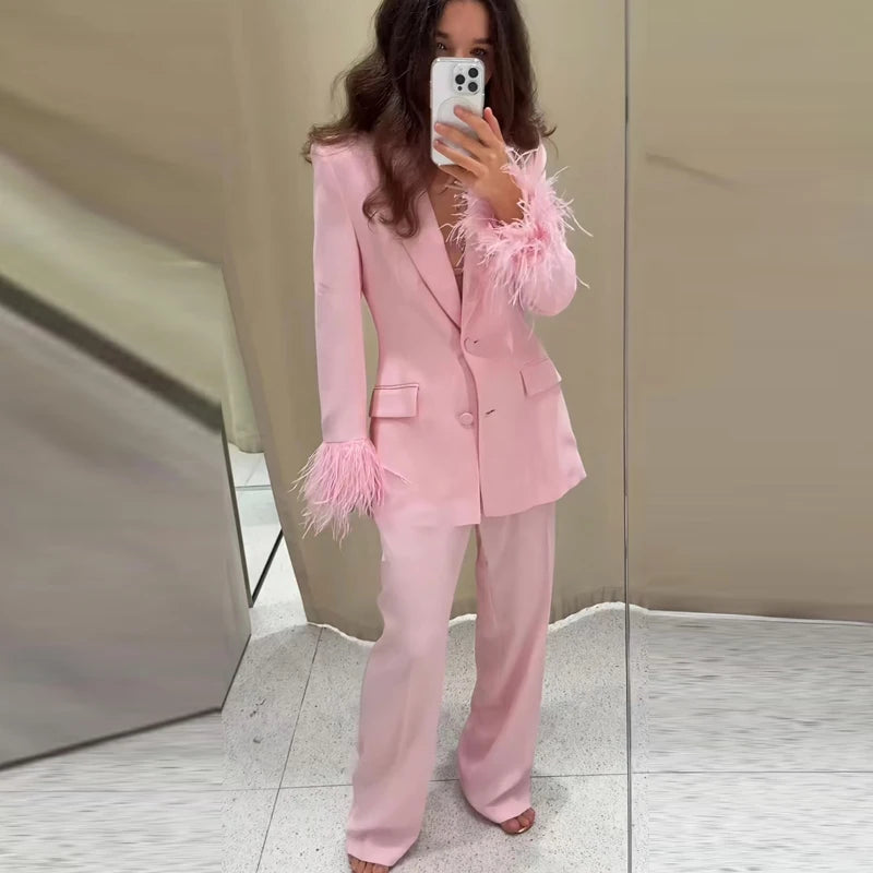Pink Feather Pant SetS