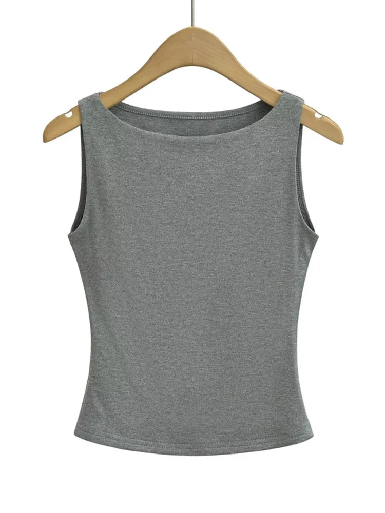 Women Double Layer Boat Neck Soft Slinky Tank Top