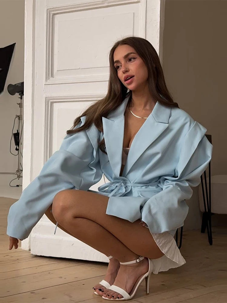 LACE UP SHOULDER PAD BLAZER COAT WOMEN ELEGANT TURN-DOWN COLLAR