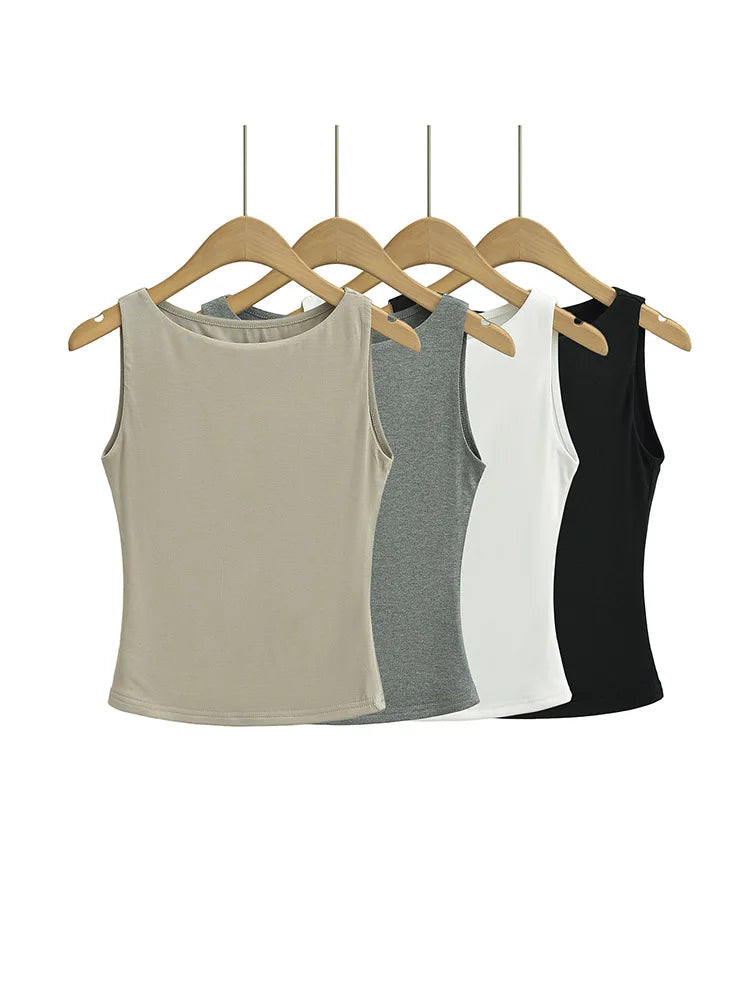 Women Double Layer Boat Neck Soft Slinky Tank Top