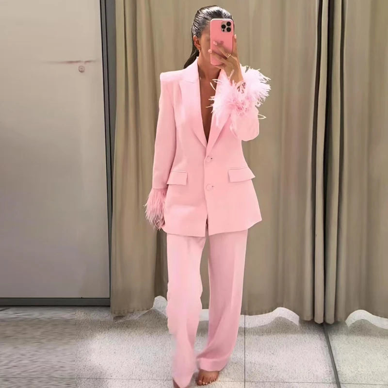 Pink Feather Pant SetS