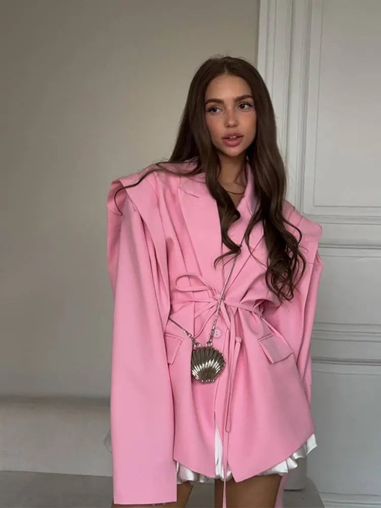 LACE UP SHOULDER PAD BLAZER COAT WOMEN ELEGANT TURN-DOWN COLLAR