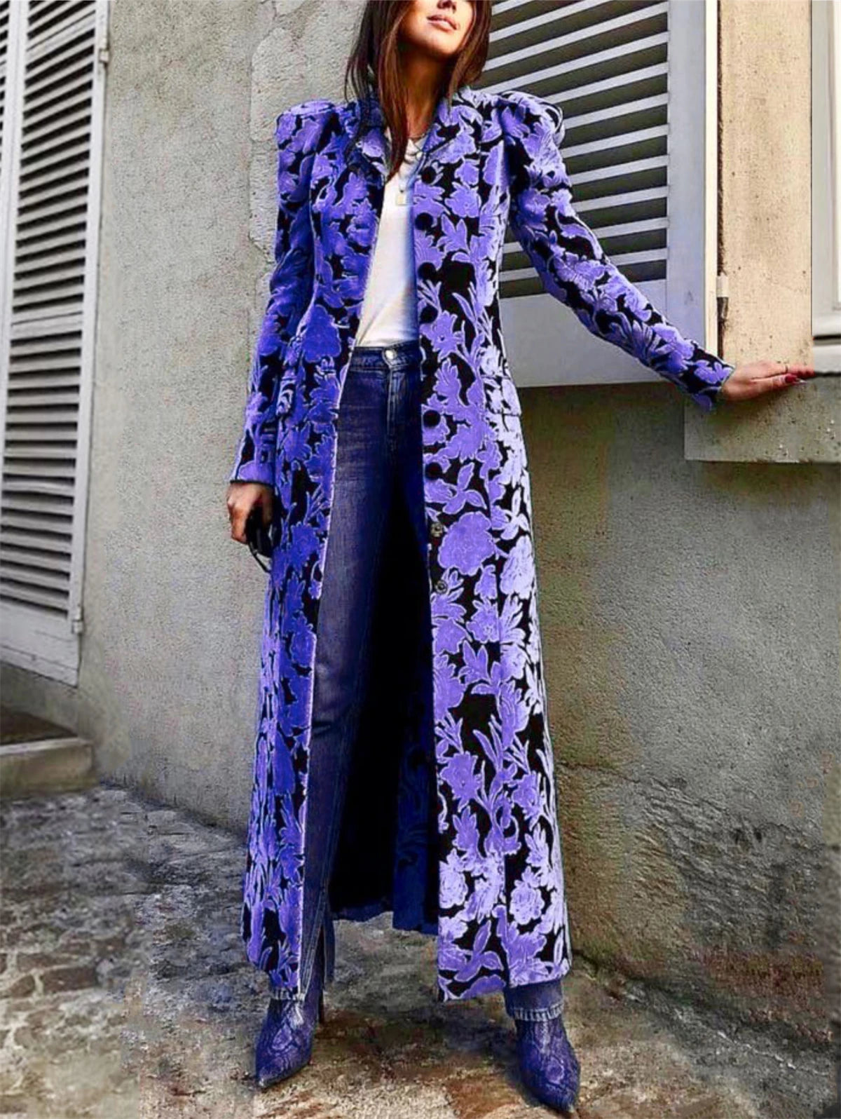Long Velvet Trench Coat Floral