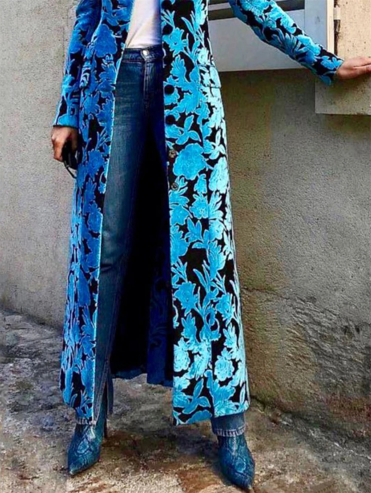 Long Velvet Trench Coat Floral