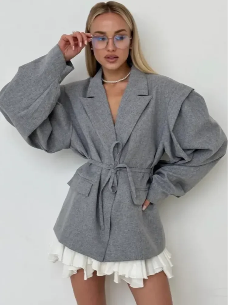 LACE UP SHOULDER PAD BLAZER COAT WOMEN ELEGANT TURN-DOWN COLLAR